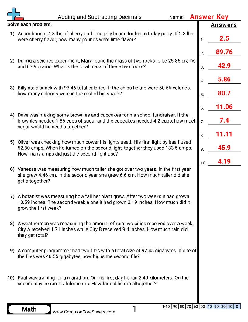 Decimal Worksheets - adding-and-subtracting-up-to-hundredths-word worksheet
