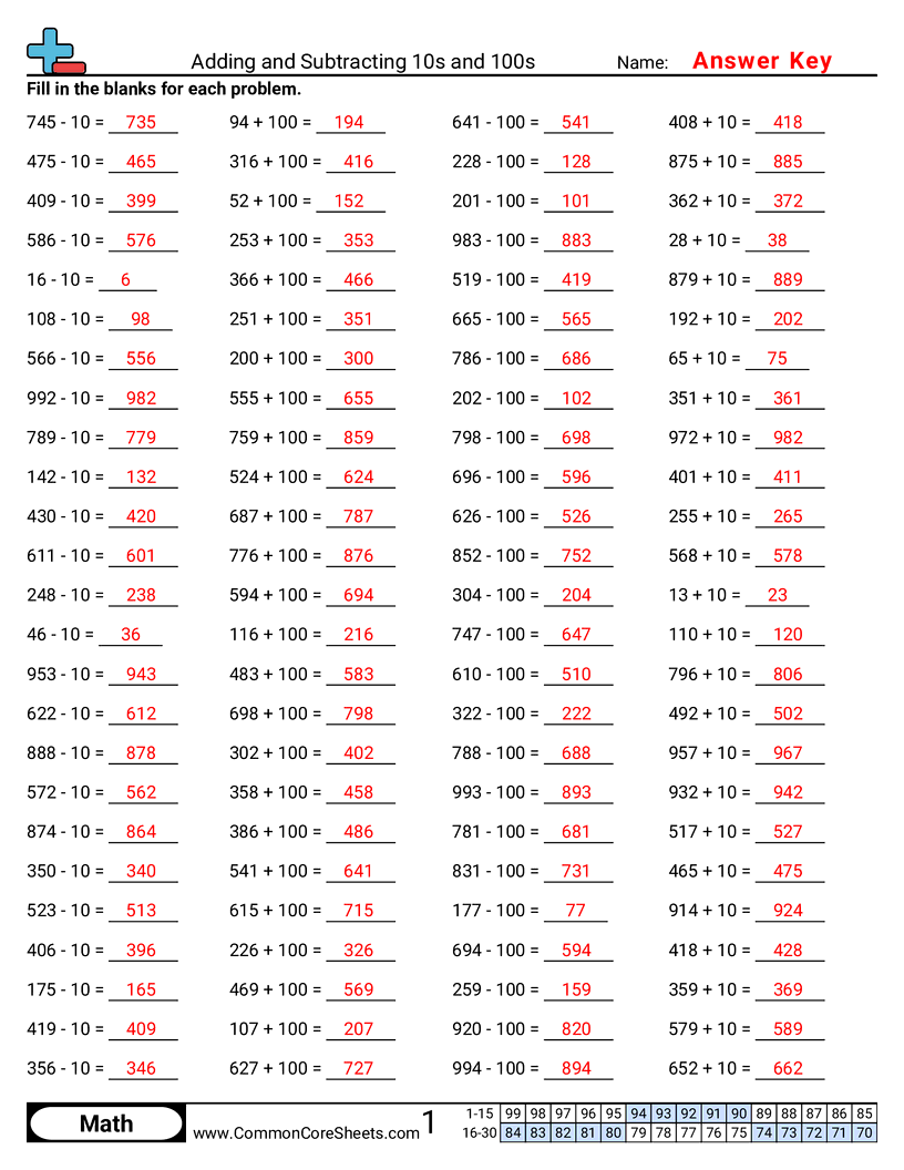 Addition Worksheets - adding-subtracting-10s-and-100s worksheet