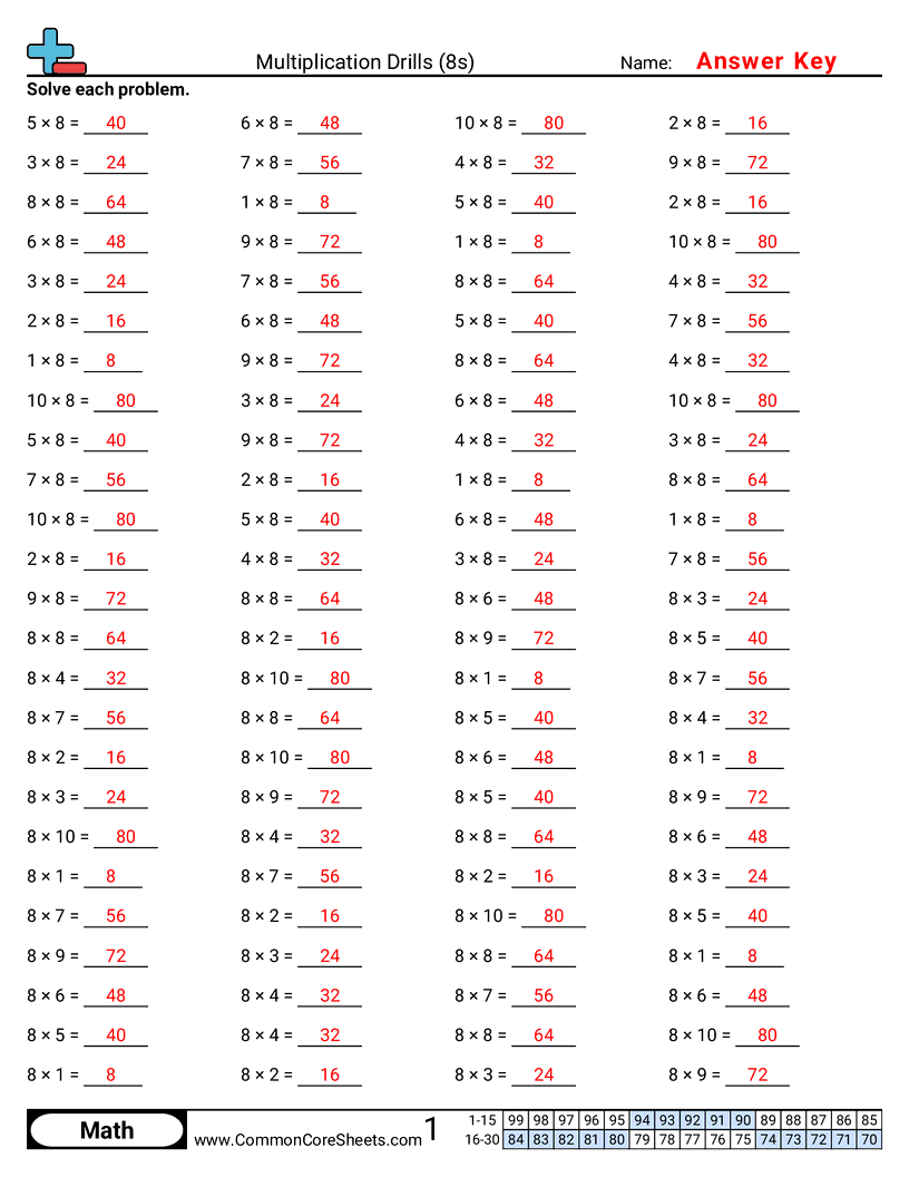 Multiplication Worksheets - 8s-horizontal worksheet
