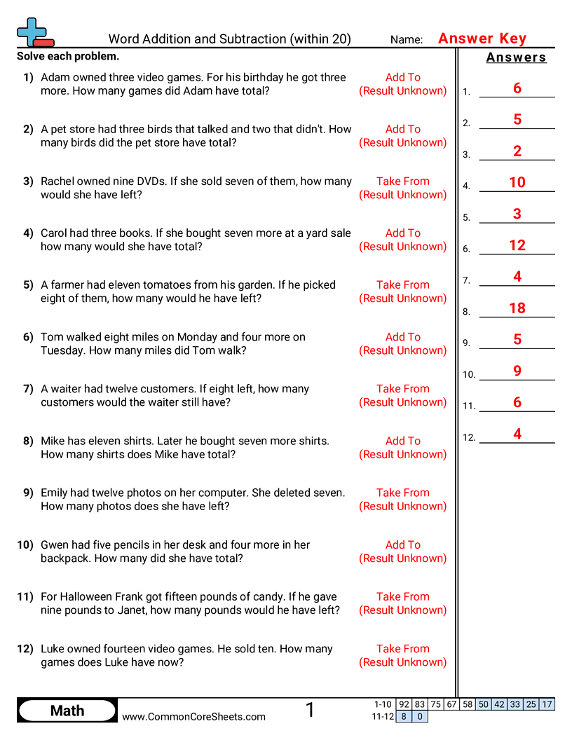 Addition Worksheets - word-addition-within-20 worksheet
