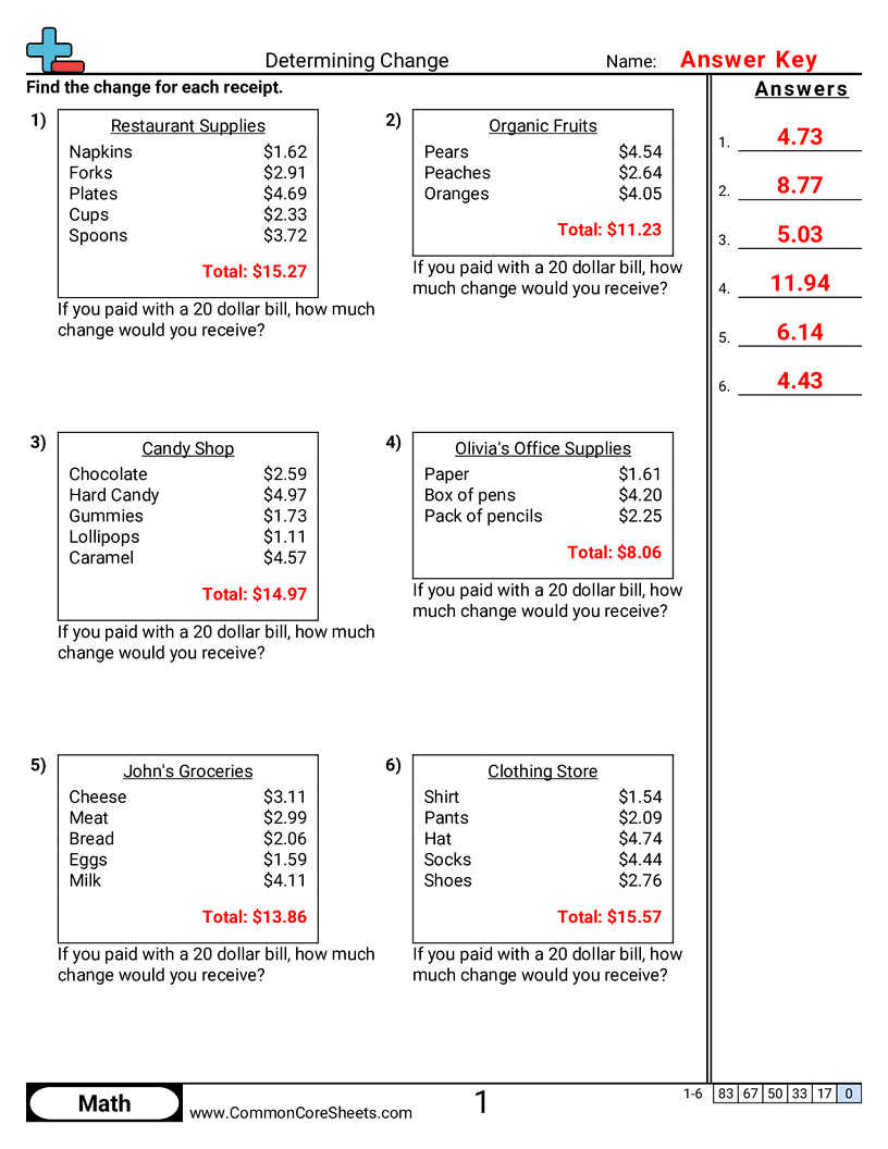 Money Worksheets - receipt-change worksheet