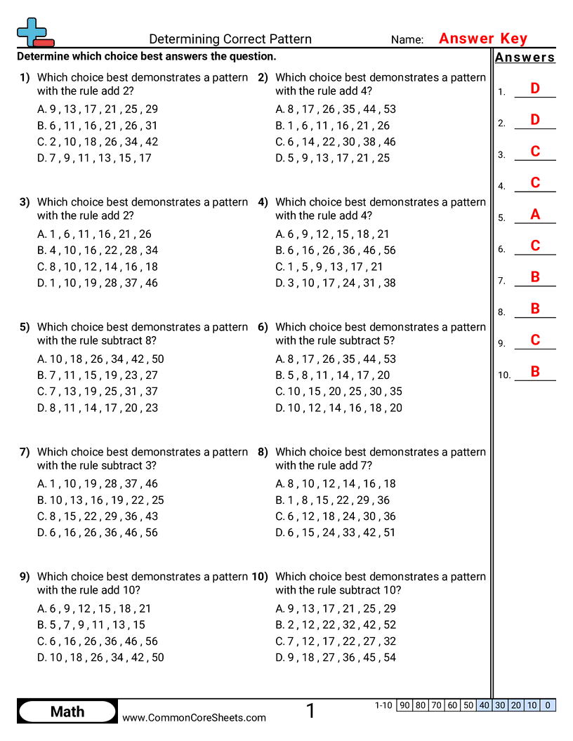Patterns & Function Machine Worksheets - determining-correct-pattern worksheet