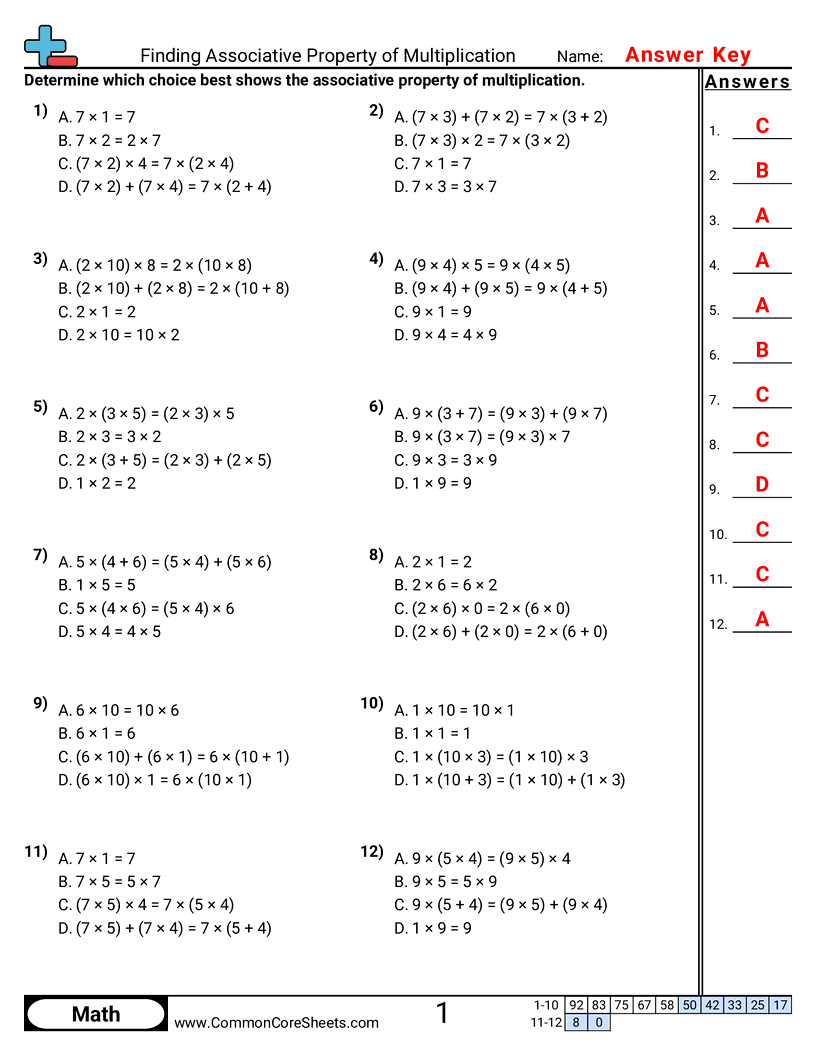 Properties Worksheets - associative-property-multiple-choice worksheet