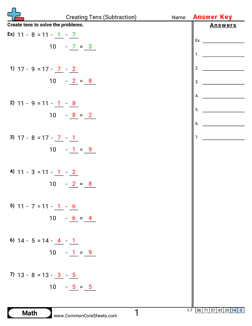 Subtraction Worksheets - creating-tens worksheet