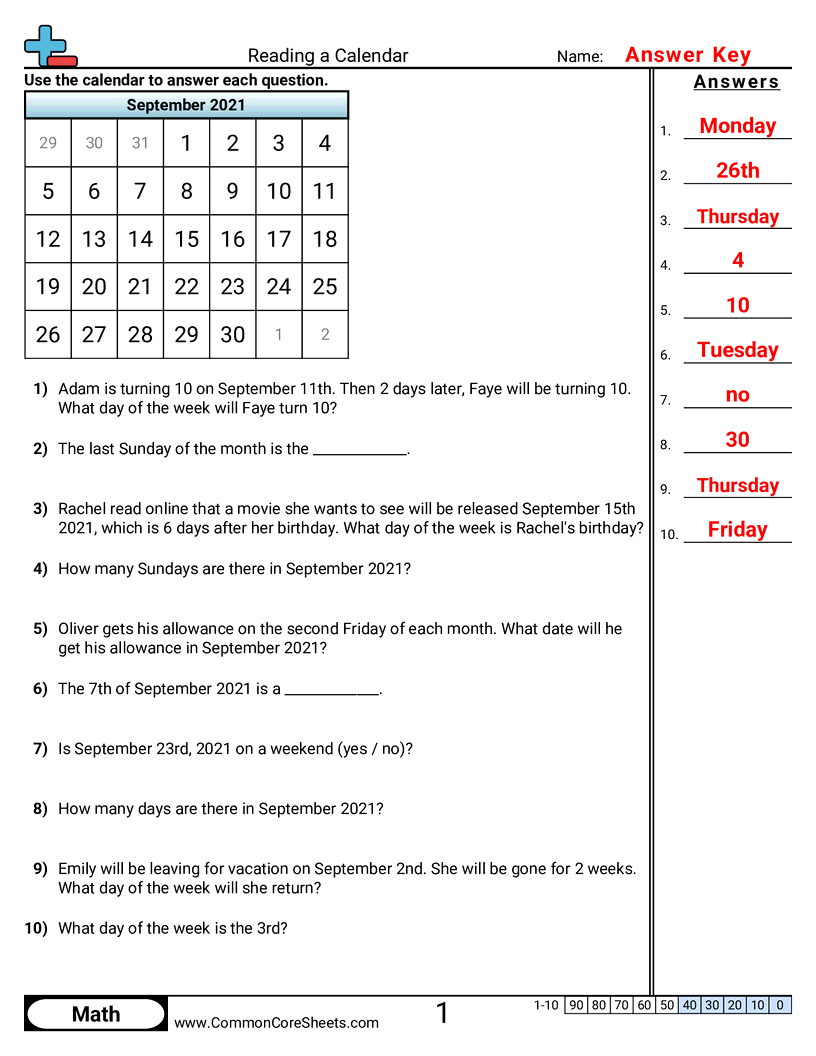Time Worksheets - reading-a-calender worksheet